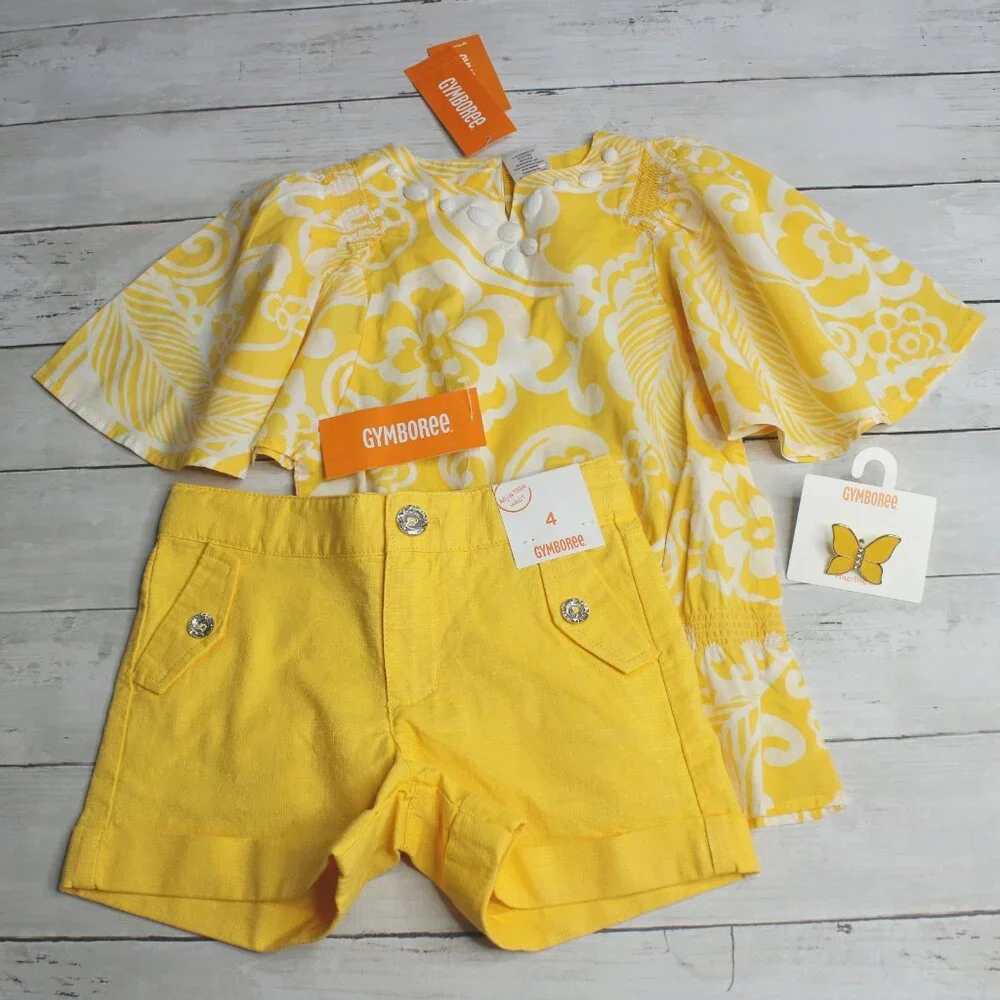 Gymboree Vintage Girl's Top Shorts Ring Size 4 Yellow Geo Collection Lot
